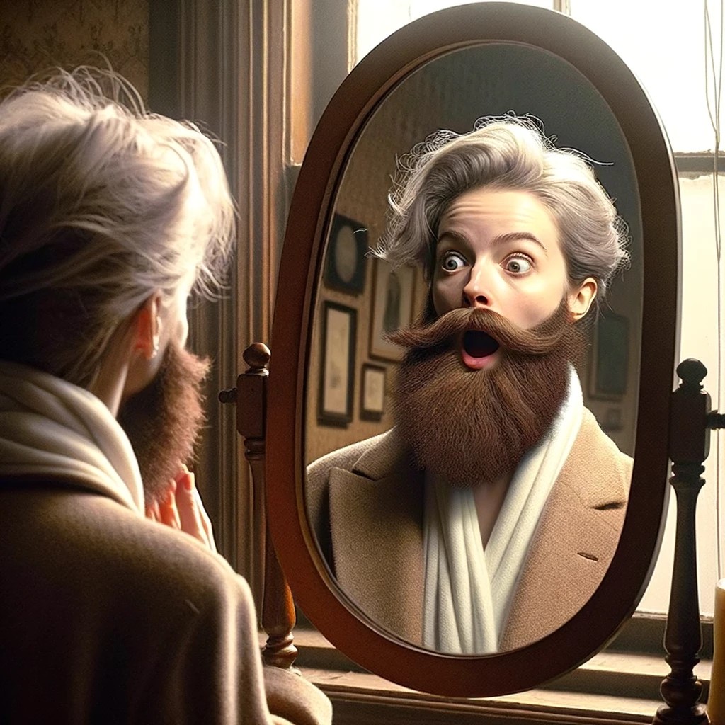 Représentation de la première personne du singulier personnifiée en femme, debout devant un miroir, surprise de découvrir qu'elle a fait pousser une barbe, symbolisant une réflexion sur l'identité et l'autoperception