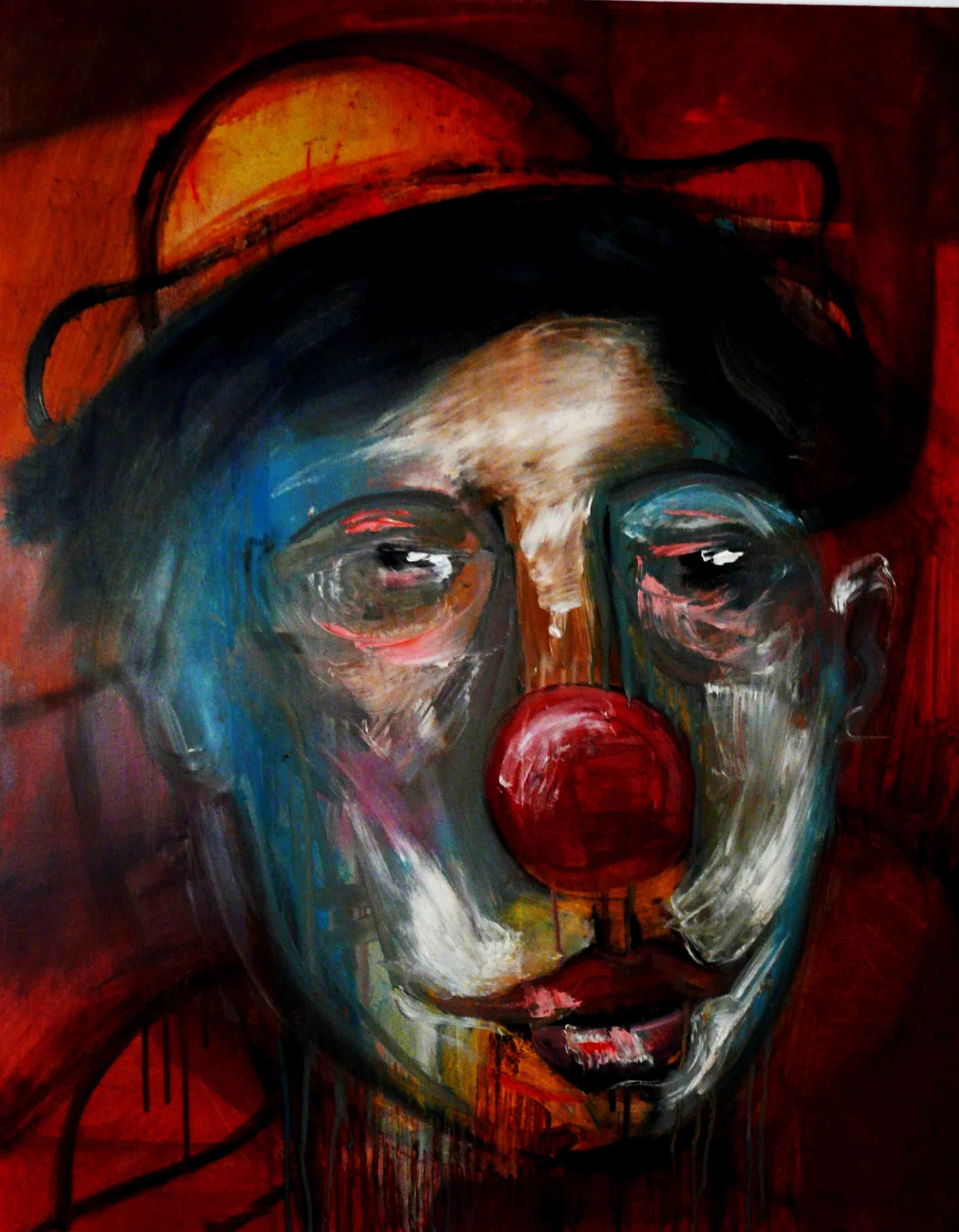 peinture à l'huile représentant un visage de clown en gros plan