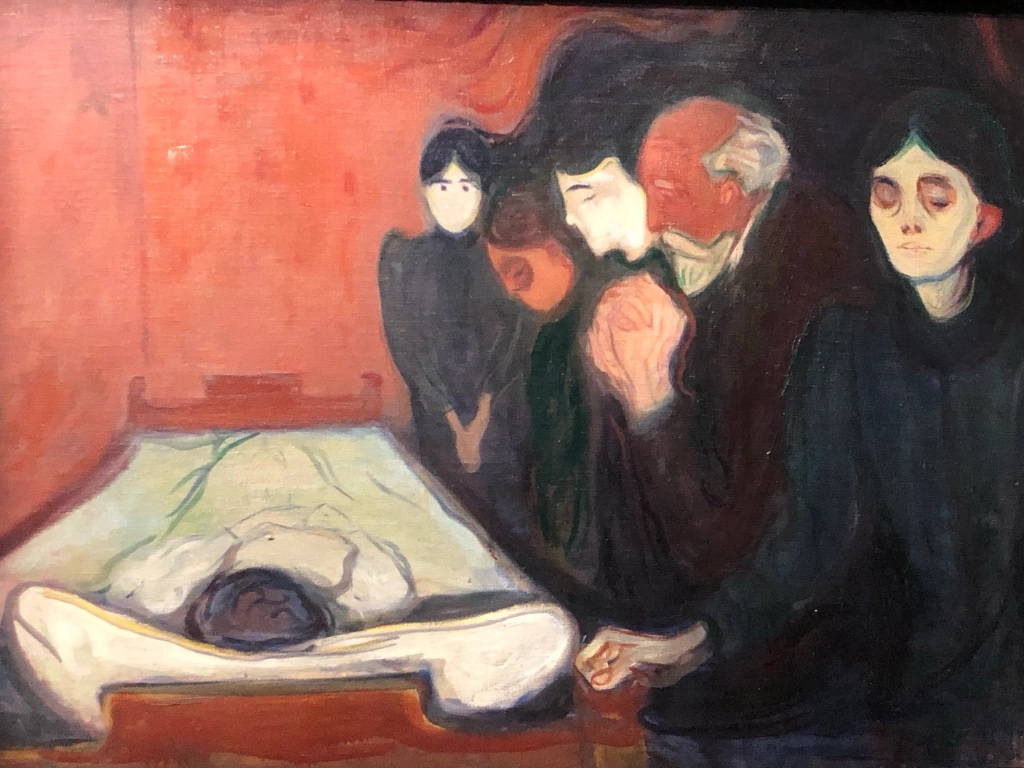 un groupe de personnes assistent à une veillée funebre, tableau de Munch coloris rouge et noir