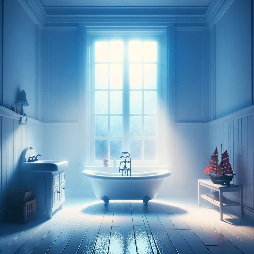 souvenir d'enfance salle de bain et paquebot dans une athmosphère bleutée 