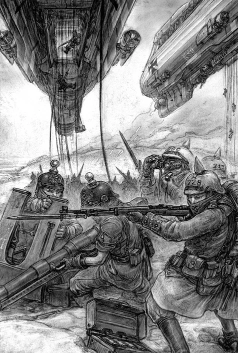 illustration Keith Thompson en noir et blanc d'une scène de Léviathan de Scott Westerfeld